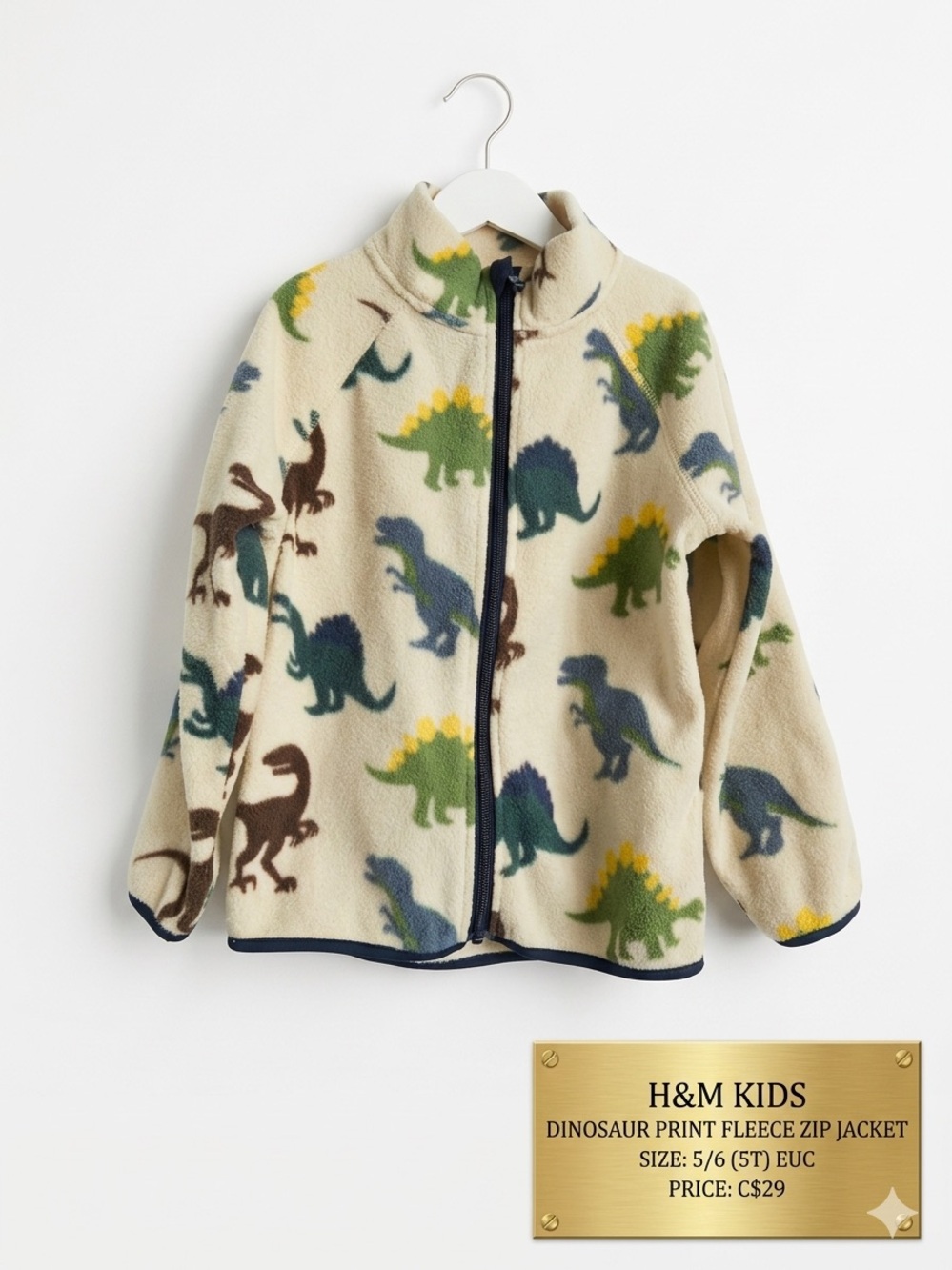 H&M Kids Dinosaur Print Lightweight Fleece Zip Jacket - Size 5/6 (5T) EUC